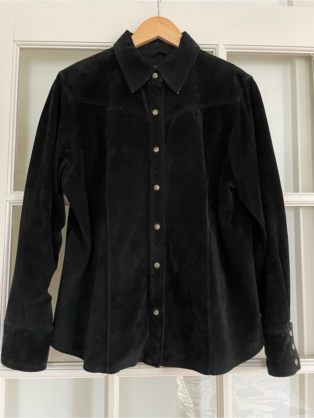 Eddie Bauer genuine suede leather western pearl snap black shirt jacket shacket